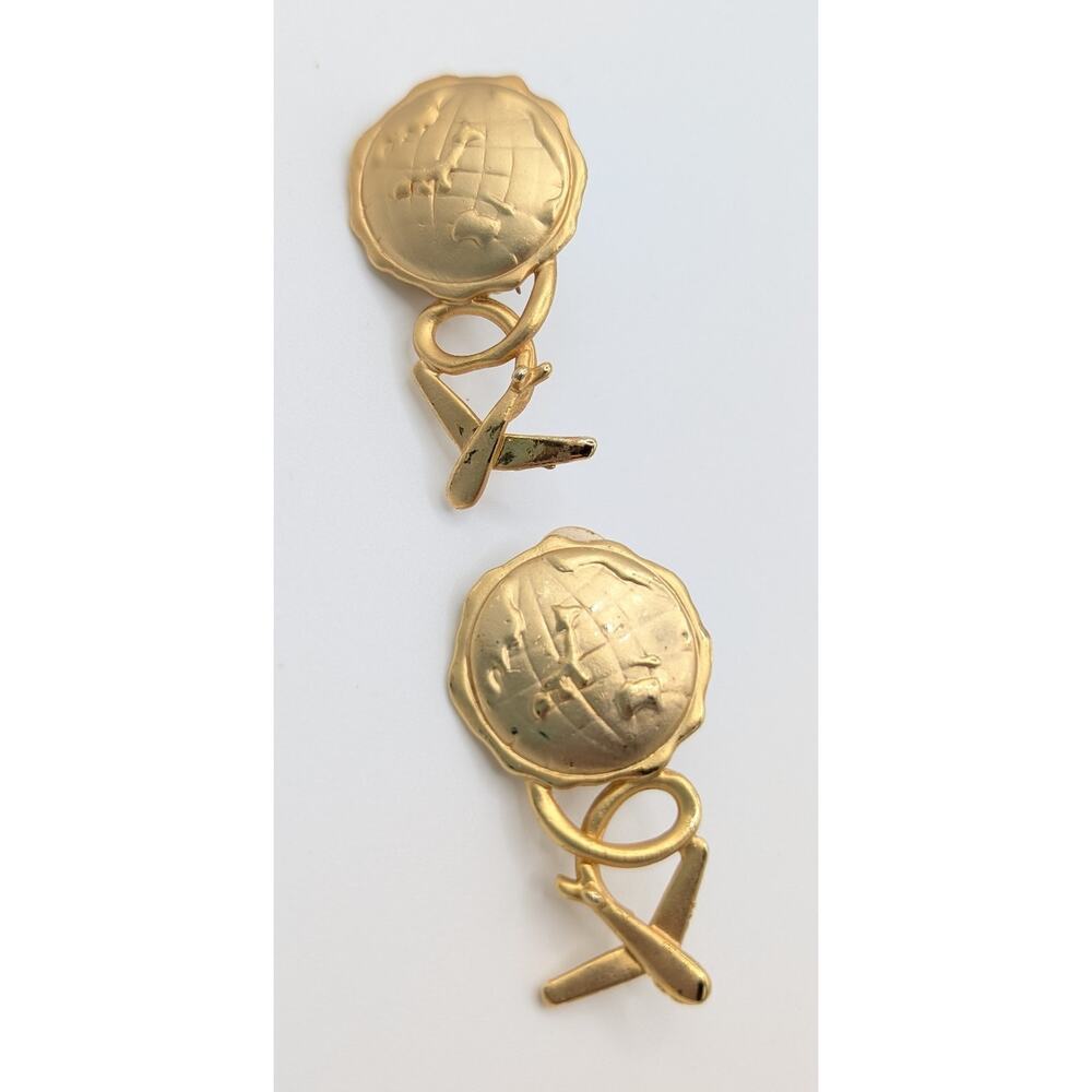 Gold tone clip on earrings World Globe Plane Travel